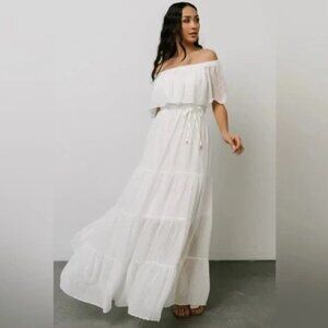 BALTIC BORN Swiss Dot Tiered Maxi Dress M White Off Shoulder Wedding Beach